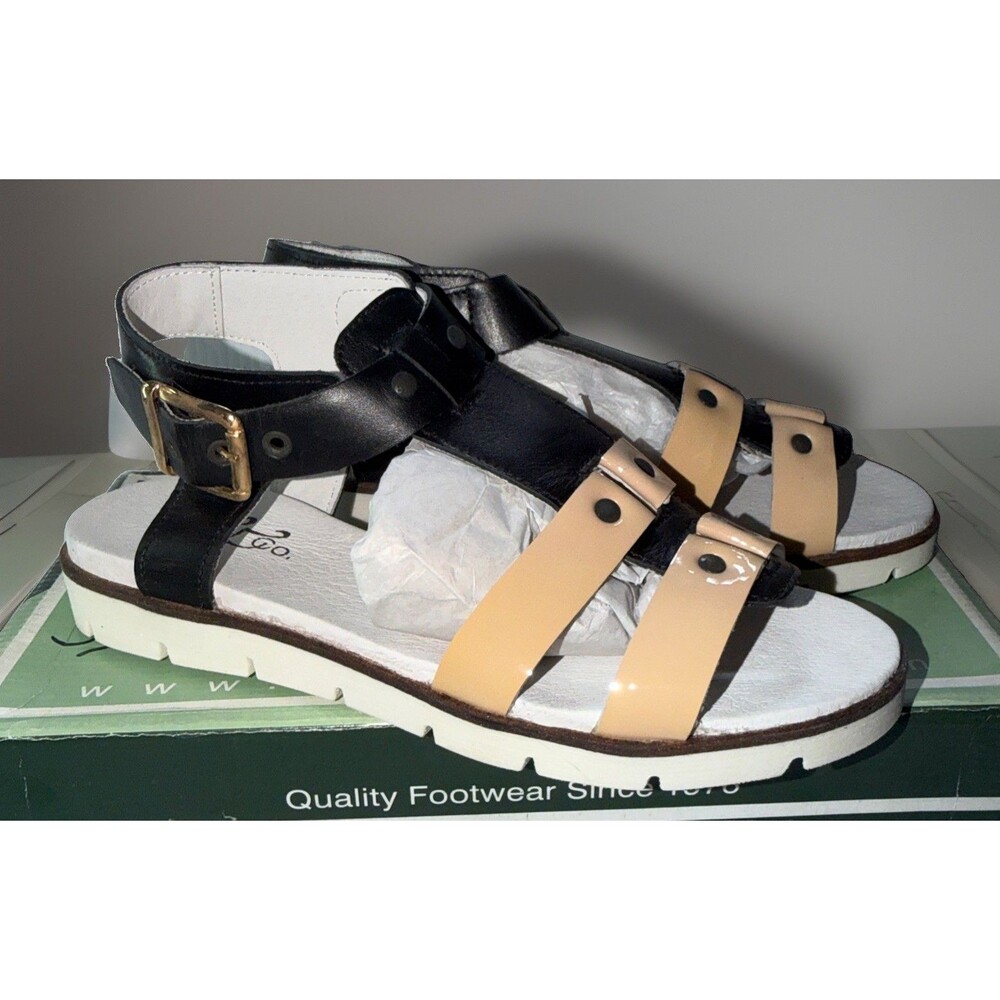 NIB Bos & Co Cindy Black/nude Ankle Strap Patent Leather Sandals 37  6/6.5